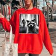 Scared Raccoon Selfie Women's Oversized Sweatshirt - Fun Bigfoot Theme Red