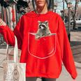 Women's Oversized Raccoon Pocket T-Shirt – Fun & Cozy Tee Red