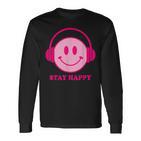 Chillibes 70S Pink Smile Face Music Headphones Happy Face Langarmshirts