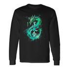 Green Flying Japanese Dragon With Kanji Lettering Langarmshirts