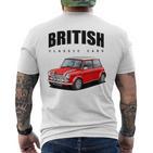 British Classic Car Red Mini Sports Car Gray T-Shirt mit Rückendruck