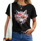 Kitsune Fox Mask Japanese Anime Kawaii Blossom Cherry Flower T-shirt Frauen