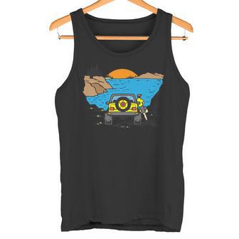 4 Wheel Drive Vehicle Mountains Lake Or Ocean Illustration Premium Tank Top - Monsterry