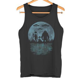 Alien And Bigfoot Moon UFO's Sasquatch And Aliens Tank Top - Monsterry