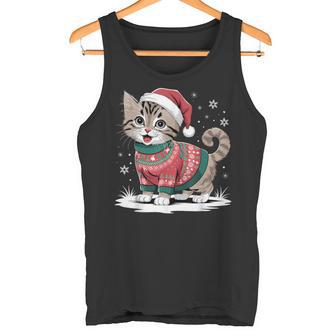 Cat Wearing Ugly Christmas Jumper And Santa Hat Cute Kitten Tank Top - Geschenkecke