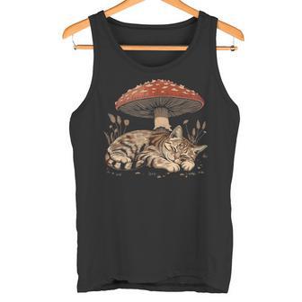 Cute Tabby Cat Gray Cat Cottagecore Aesthetic Mushroom Tank Top - Monsterry