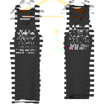 Dare To Be Yourself LGBT-Q Gay Pride Flag Skeleton Dabbing Tank Top - Monsterry