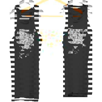 Map Of USA With Icons Of Symbols Culture Landmarks Gray Tank Top Tank Top - Monsterry