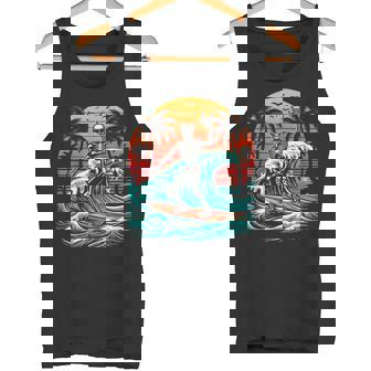 Skeleton Riding Wave Vintage Palm s Tree Beach Halloween Tank Top - Monsterry