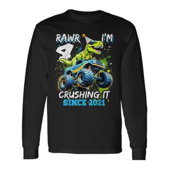 4Th Birthday Monster Truck Dinosaur Party Boys Rawr I'm 4 Long Sleeve T-Shirt - Thegiftio UK