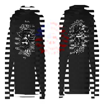 4th Of July Sunflower Peace Sign Tshirt American Flag Long Sleeve T-Shirt - Monsterry