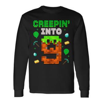 9Th Birthday Gamer Pixel Creepin’ Into 9 Video Game Party Long Sleeve T-Shirt - Thegiftio UK