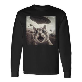 Alien Ufo Lustige Katze Selfie Angst Katze Liebhaber Raumschiff Ufo Langarmshirts - Geschenkecke