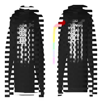 American Flag Hockey LGBT-Q Rainbow Bat Gay Pride Ally Long Sleeve T-Shirt - Monsterry