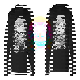 Anime Cat Eating Ramen Japanese Ramen Cat Japan Long Sleeve T-Shirt - Monsterry