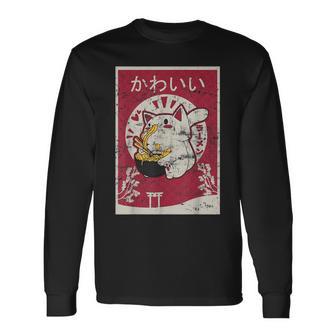 Anime Ramen Cat Retro Japanese Wooden Blockintage Kawaii Cat Langarmshirts - Geschenkecke