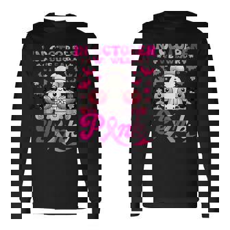 Breast Cancer In October We Wear Pink Cute Ghost Lunch Lady Long Sleeve T-Shirt - Monsterry