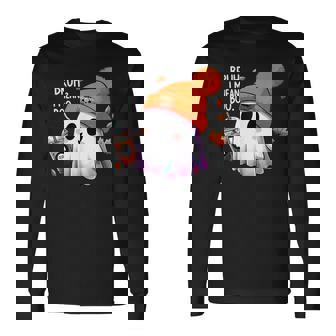 Bruh I Mean Boo Cute Halloween Ghost Drinking Latte Coffee Long Sleeve T-Shirt - Monsterry