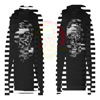 Christmas Sugar Skull Santa Hat Day Of The Dead Xmas Holiday Long Sleeve T-Shirt - Monsterry