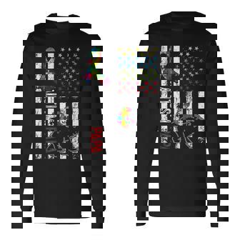 Distressed American Flag Autism Papa Bear Awareness Long Sleeve T-Shirt - Seseable
