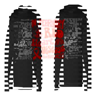 In February We Wear Red Heart Disease Awareness Red Ribbon Long Sleeve T-Shirt - Monsterry