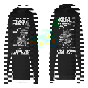 Finally 4 Now I Drive 4th Birthday Party Boy Tractor Kids Tank Top Long Sleeve T-Shirt - Monsterry
