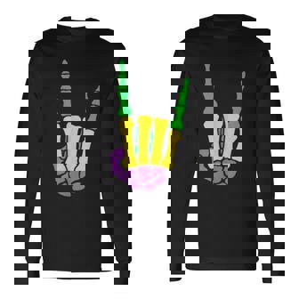 Mardi Gras Skeleton Hand Rock On Devil Horns Long Sleeve T-Shirt - Thegiftio UK