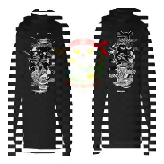 Gato Comiendo Fideos Ramen Anime Japonés Y Kawaii Gato Negro Camiseta de manga larga - Regaloses