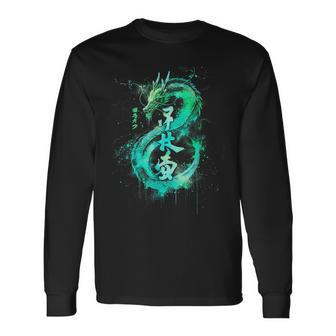 Green Flying Japanese Dragon With Kanji Lettering Langarmshirts - Geschenkecke