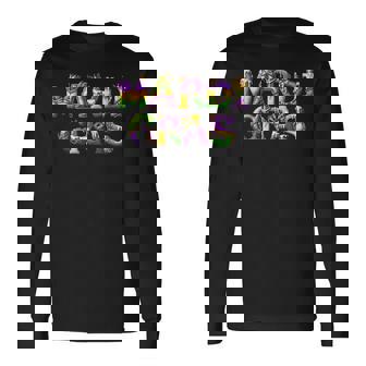 Happy Mardi Gras 2025 New Orleans Fleur De Lis Mask Beads Long Sleeve T-Shirt | Seseable CA