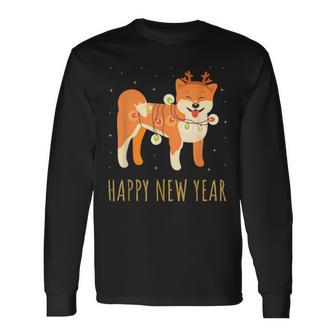 Happy Shiba Dog Celebrates New Year's Eve In Christmas Lights Langarmshirts - Geschenkecke