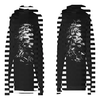 Jesus Christ Face With Crown Of Thorns God Bible Long Sleeve T-Shirt - Seseable