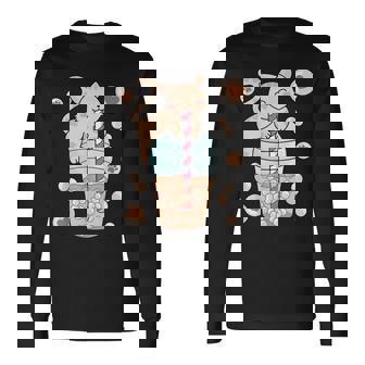 Kawaii Cat Boba Tea Japanese Anime Bubble Tea Neko Long Sleeve T-Shirt - Monsterry
