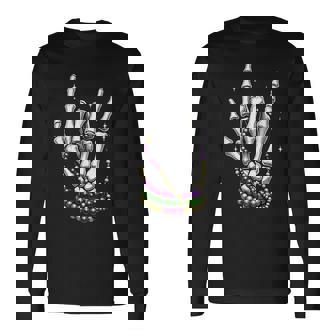 Mardi Gras Rocker Skeleton Hands Rock On New Orleans Long Sleeve T-Shirt - Monsterry