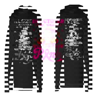 In October We Wear Pink Cute Ghost Lunch Lady Breast Cancer Long Sleeve T-Shirt - Monsterry