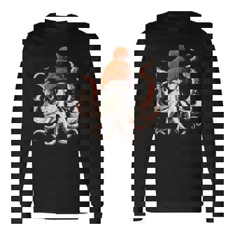 Octopus Wearing Beanie Retro Graphic Marine Biology Ocean Long Sleeve T-Shirt | Seseable UK