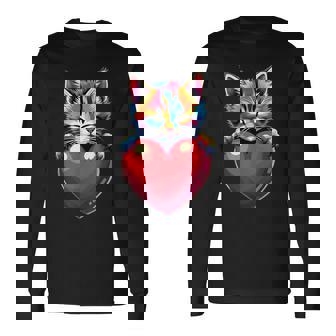 Rainbow Cute Cat Hugging Valentine Heart Kitty Love Cat Long Sleeve T-Shirt - Monsterry
