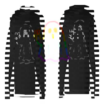 Rainbow LGBT Ghost Peace Sign Gay Pride Halloween Costume Long Sleeve T-Shirt - Monsterry