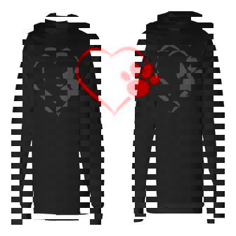 Red Heart Dog & Cat Paw Print Hearts Valentines Day Long Sleeve T-Shirt - Monsterry