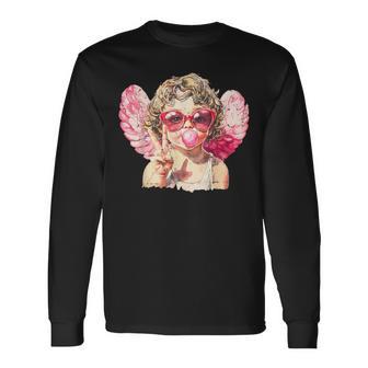 Retro Cupid With Sunglasses Blowing Bubble Valentines Day Long Sleeve T-Shirt - Thegiftio UK