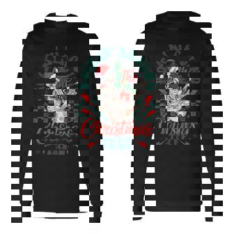 Retro Rockin Around The Christmas Tree Skeleton Plays Guitar Long Sleeve T-Shirt - Monsterry