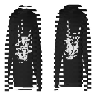 Skeleton Hand Devil Horns Rock Hand Gesture Long Sleeve T-Shirt - Monsterry