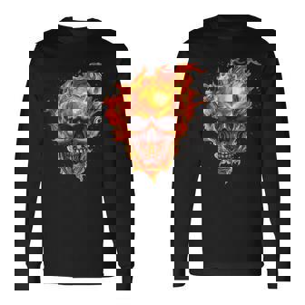Skull On Fire Flaming Skull Horror Halloween Costume Long Sleeve T-Shirt - Monsterry
