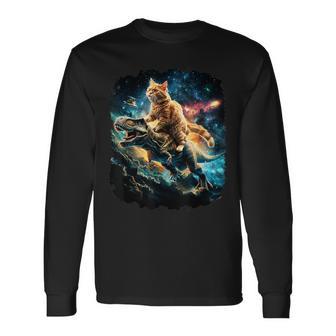 Space Katze Reitet T-Rex Weltall Langarmshirts - Geschenkecke