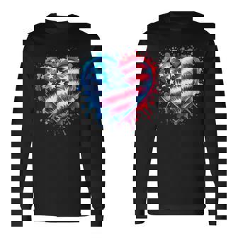 Tie Dye Heart Usa Flag Colors Blue Red & White 4Th Of July Long Sleeve T-Shirt - Seseable