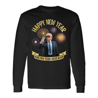 Trump Drinking Happy New Year Make New Years Great Again Long Sleeve T-Shirt - Thegiftio UK