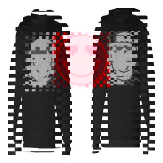Valentines Day Smile Face Smiling Checkered Pattern Trendy Long Sleeve T-Shirt - Thegiftio UK