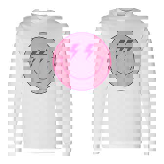 70s Cute Lightning Bolt Eyes Pink Happy Smiling Smile Face Long Sleeve T-Shirt - Monsterry