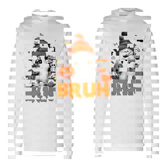 Bruh Ghost I Mean Boo Halloween Ghost Drinking Latte Coffee Long Sleeve T-Shirt - Monsterry