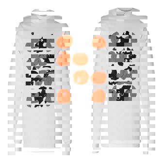 Cats Retro Groovy Pumpkin Halloween Thanksgiving Long Sleeve T-Shirt - Monsterry